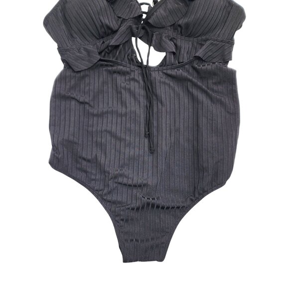 Black Ribbed Halter One-Piece Swimsuit With Ruffle Detail   Size XL - Picture 4 of 5